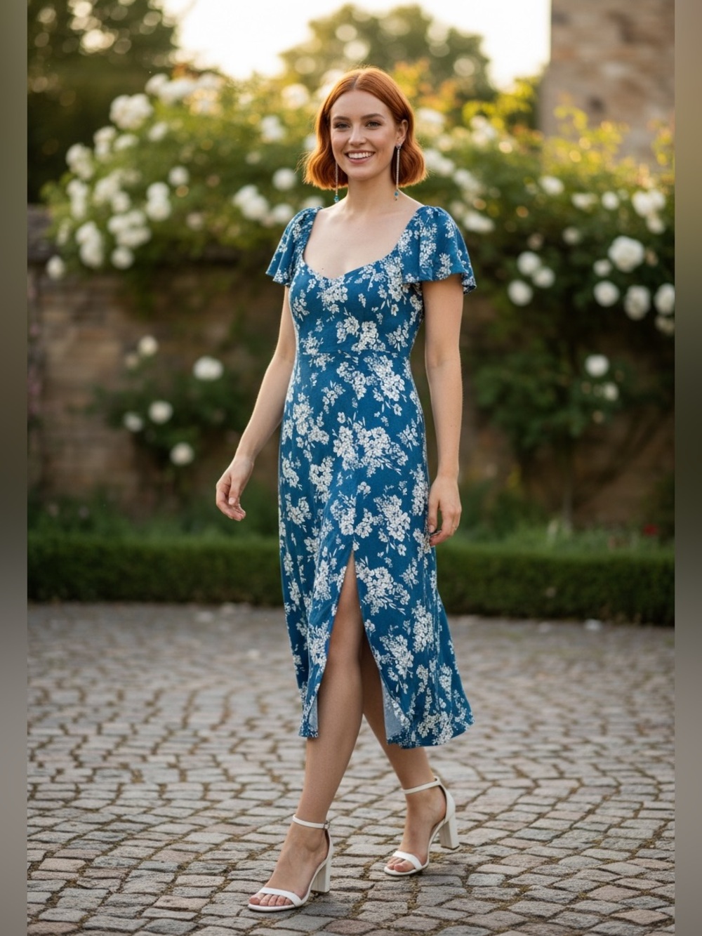 Old Navy Blue Floral Midi Dress with Flutter Sleeves Size M